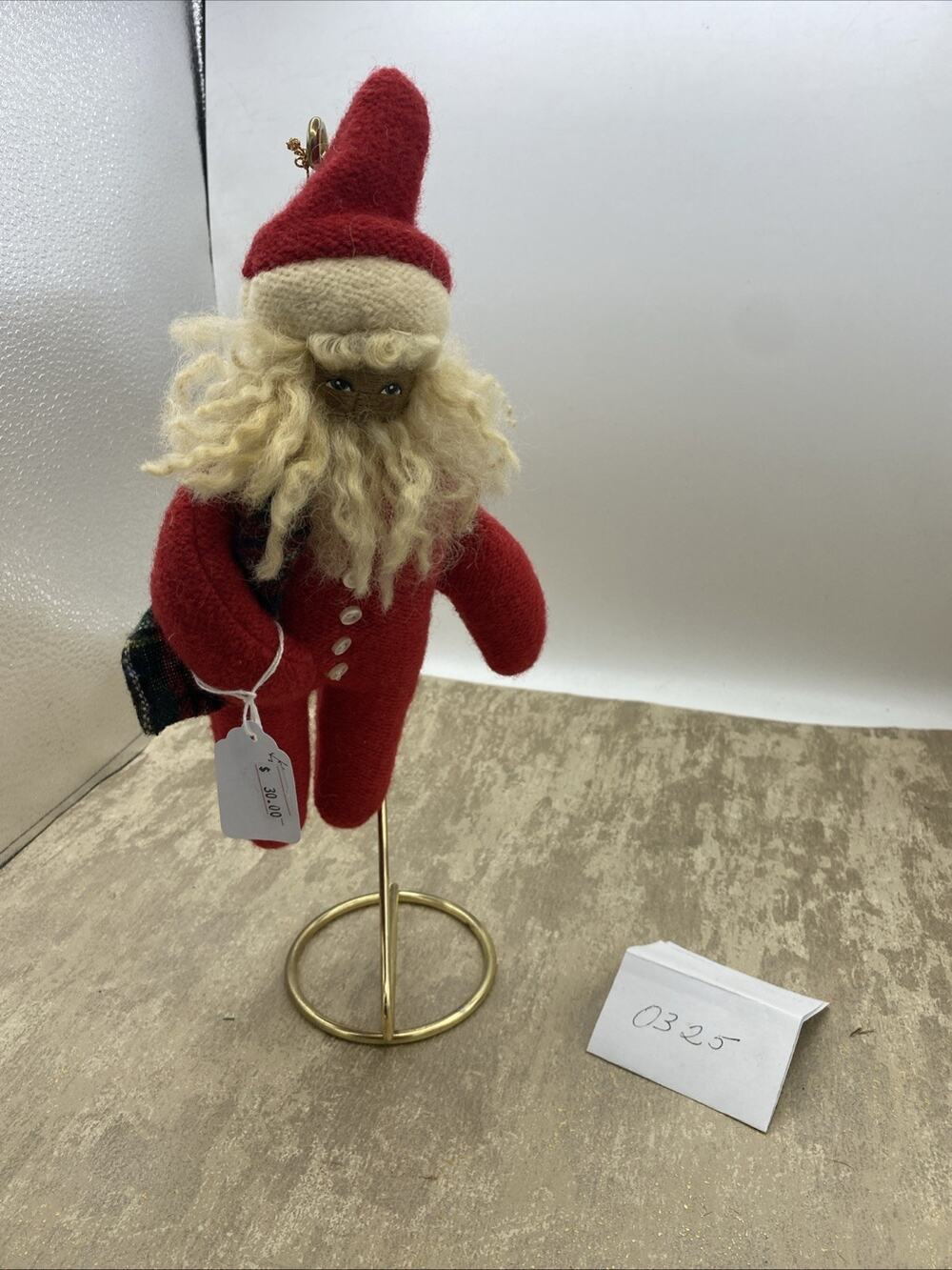 Vintage Fabric Santa Claus Ornament With Wooden Face Folk Art 11”